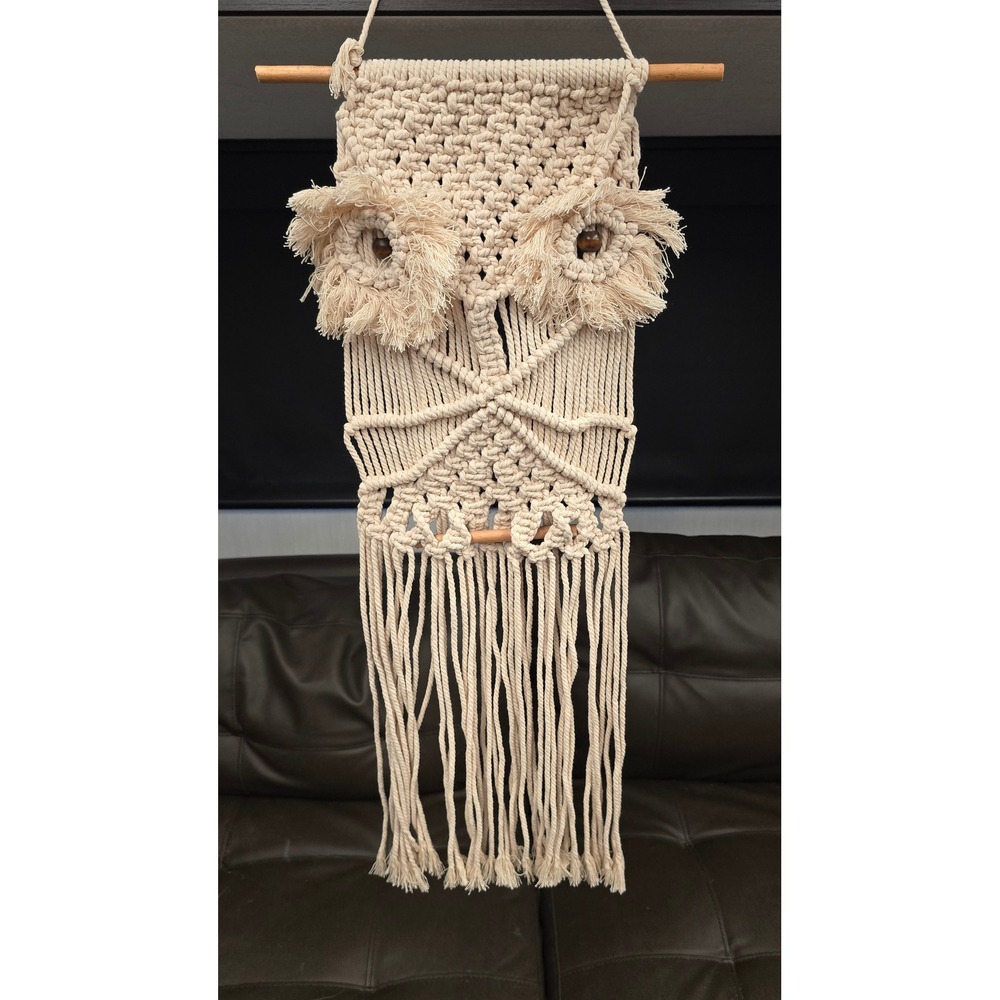Vintage Boho Macrame Owl Wall Hanging Cream Cotton Cord Wood Beads Retro Decor